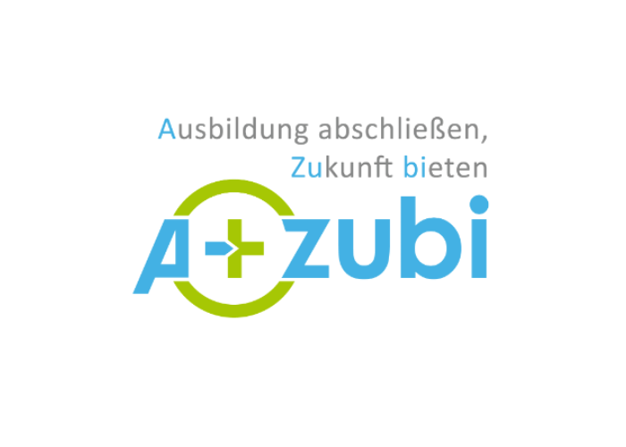 Auf weißem Grund ist in hellblauer Schrift das Logo „A+zubi“ abgebildet.
